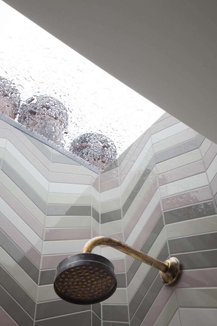 Skylight above shower enclosure with original chimney pots visible.