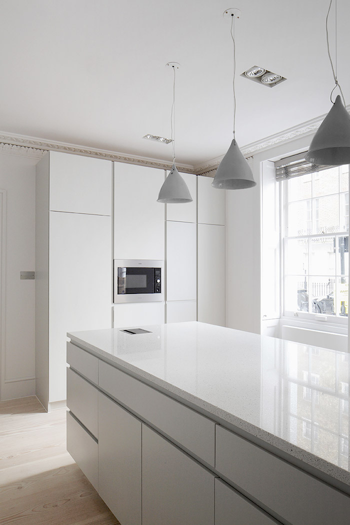 New bespoke kitchen, with large island and Dinesen flooring at this Georgian House refurbishment.