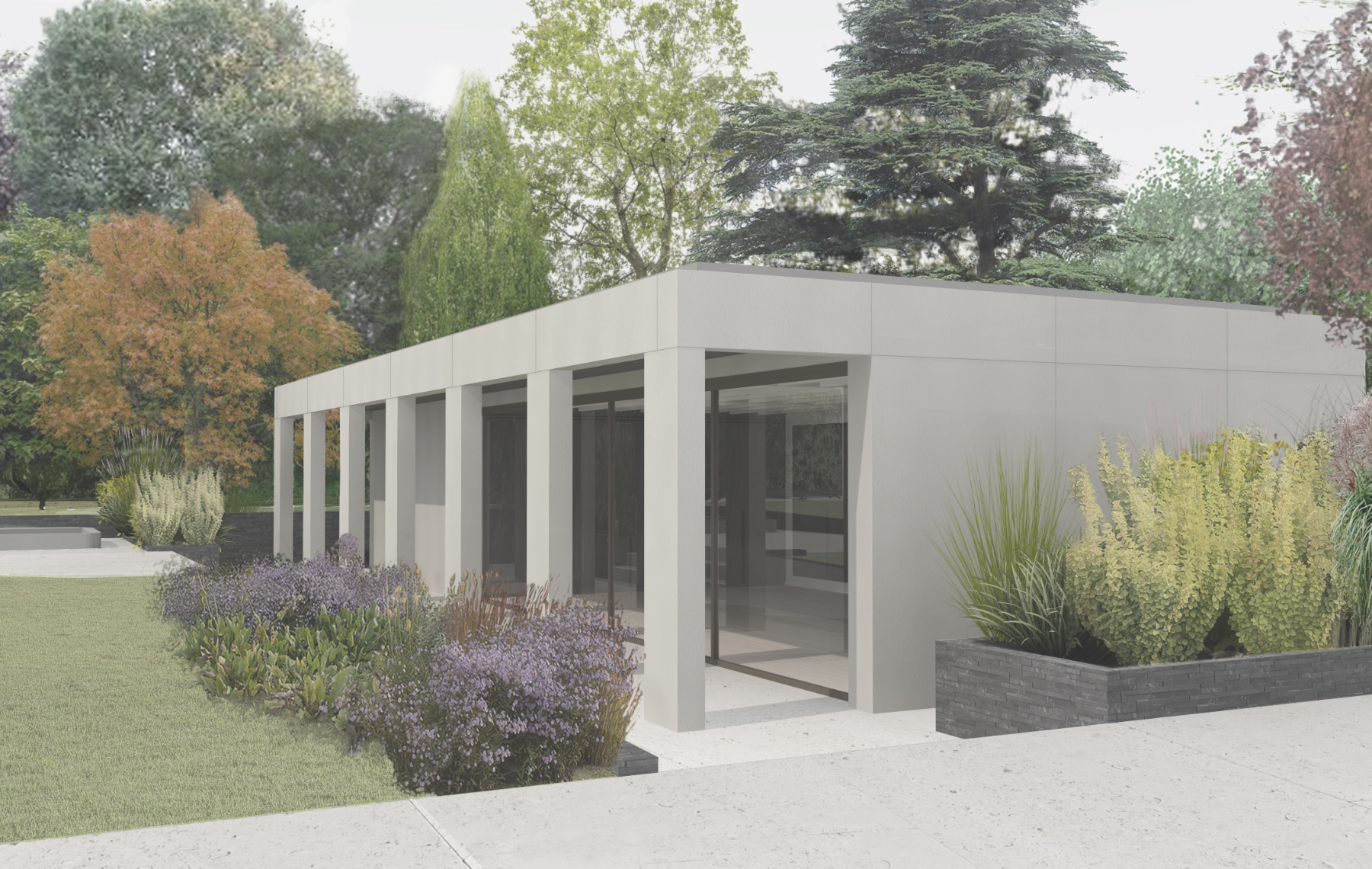 New gym building with colonnade and floor to ceiling glazed doors. Portland stone cladding and Argent Limestone planters and walls