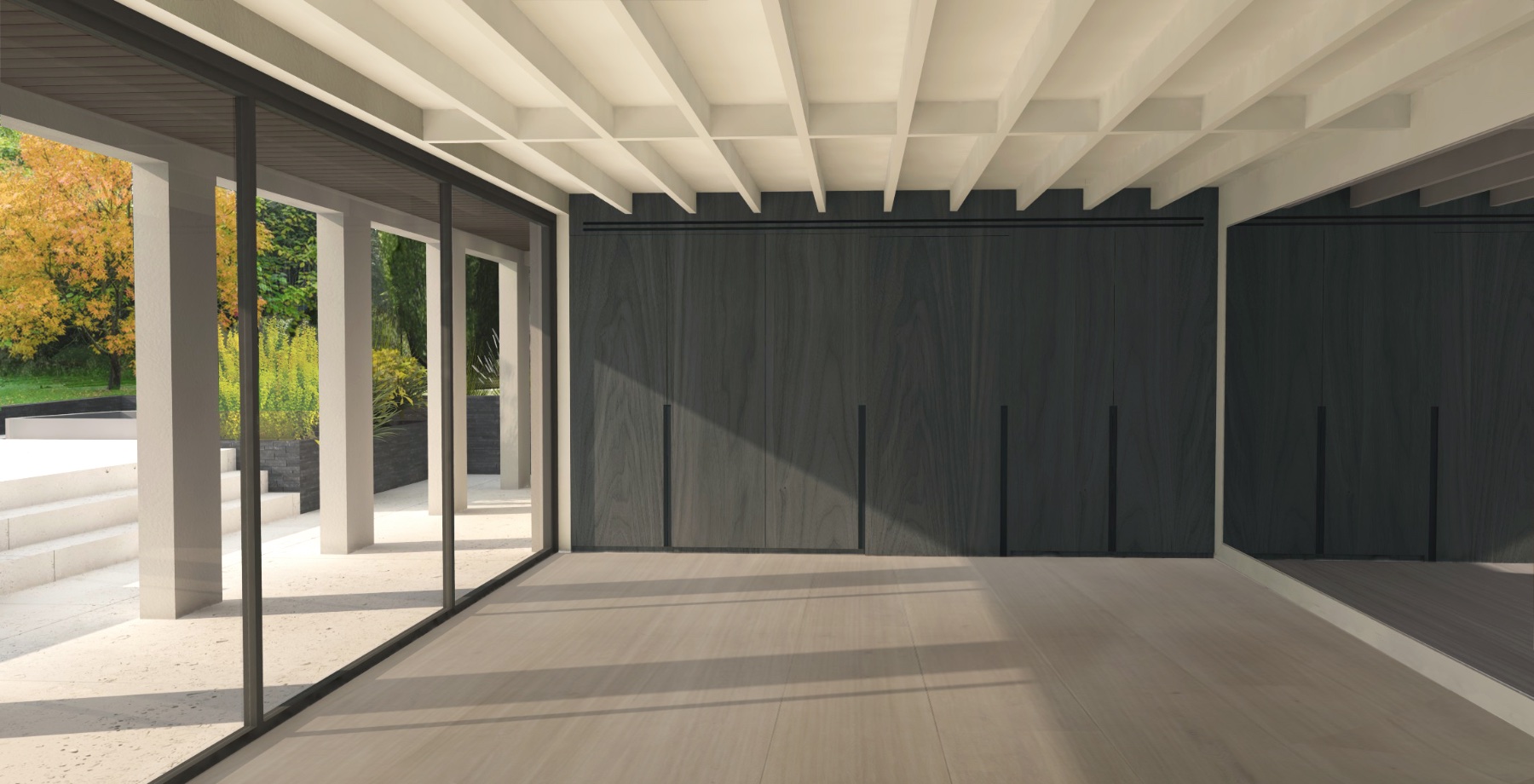 New gym building with Dinesen (full boards) oak flooring. Exposed beams and floor to ceiling storage wall, with access to ancillary spaces.