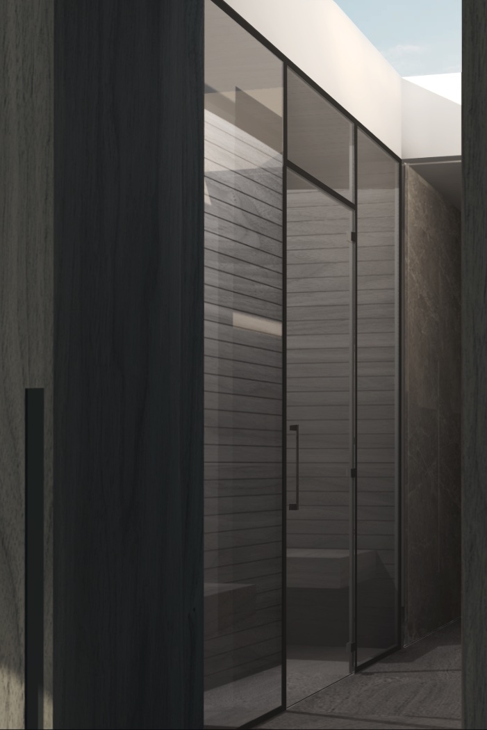 Ancillery spaces to new gym building- glazed, timber lined sauna with top lit circulation space. 